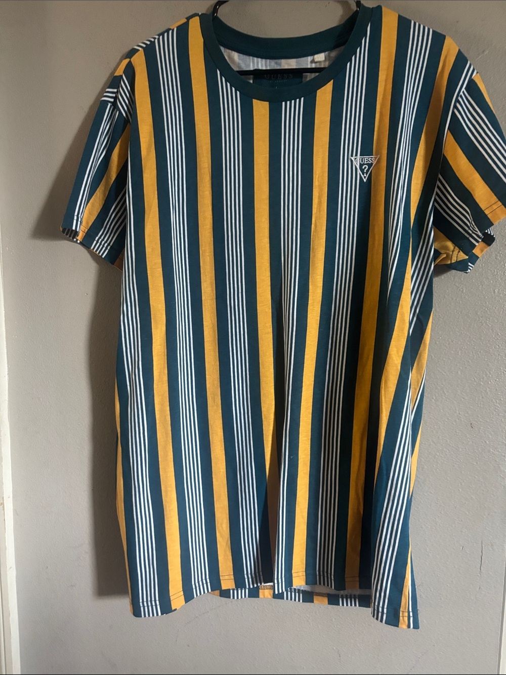 GUESS Men's Teal and Yellow Vertical Stripe Short Sleeve Tee - Picture 1 of 3